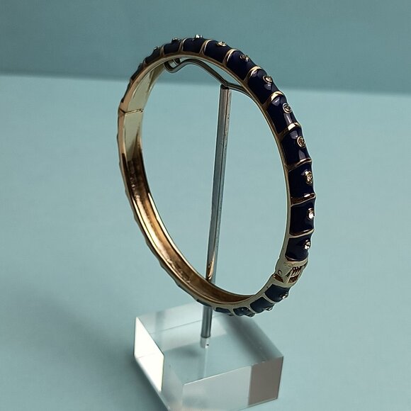 NORDSTROM Sequin Enamel Hinge Bangle Bracelet Clamper Navy Gold Tone Rhinestone - Picture 3 of 5